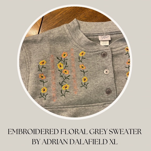 EMBROIDERED FLORAL GREY SWEATER 
BY ADRIAN DALAFIELD XL - Picture 1 of 6